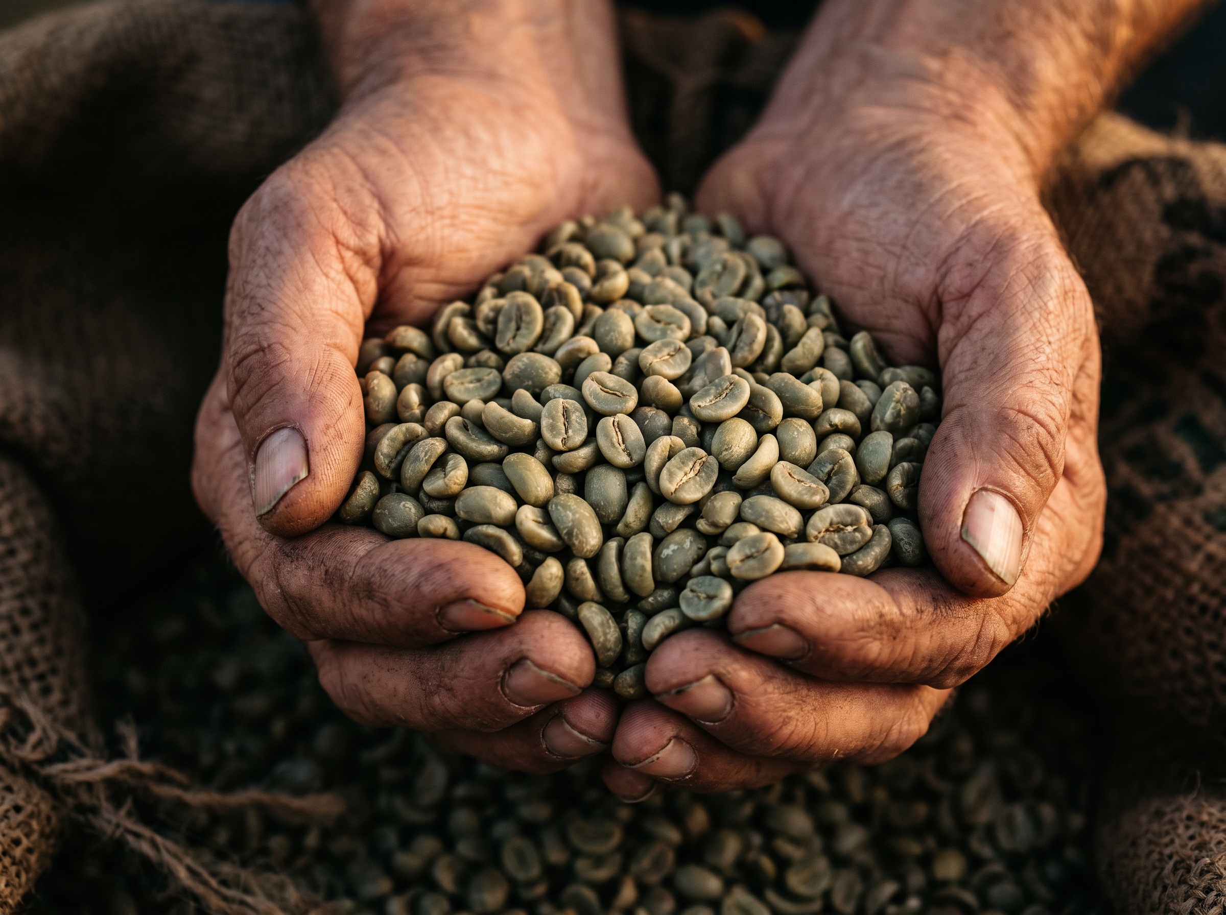 Farmer hands holding specialty green coffee beans