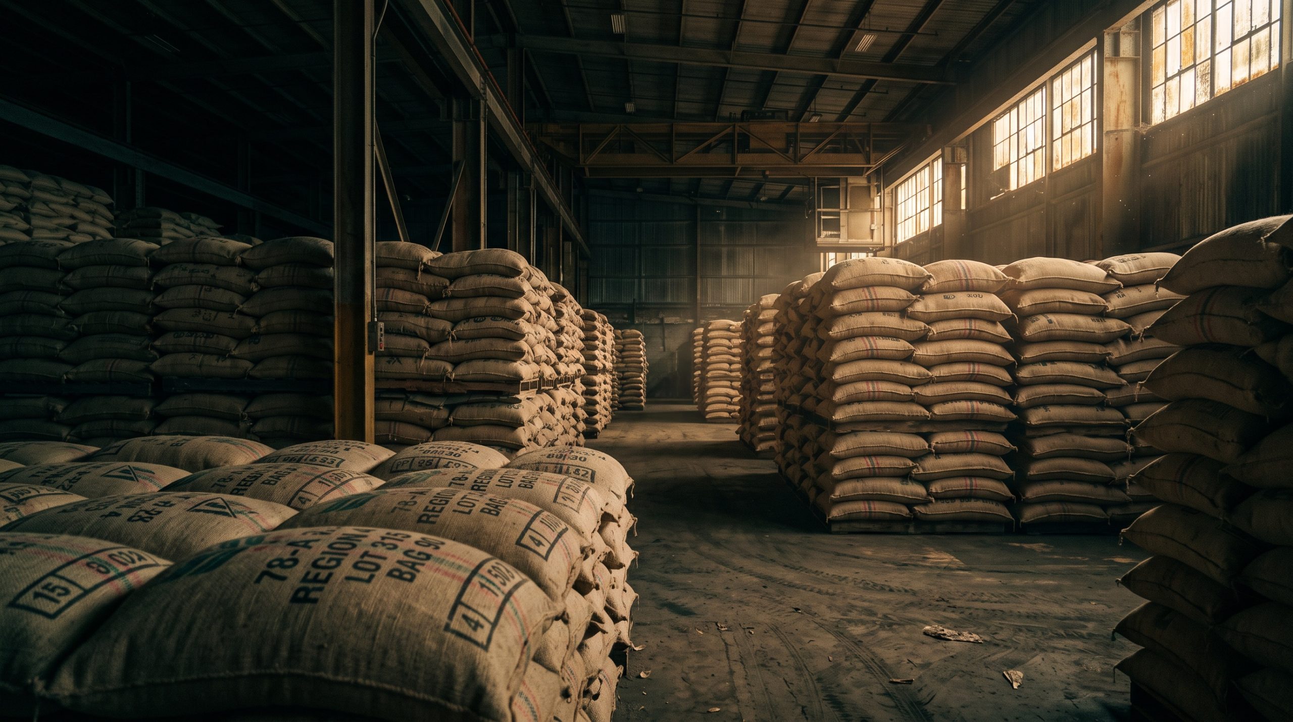 Cafentity green coffee warehouse with jute sacks
