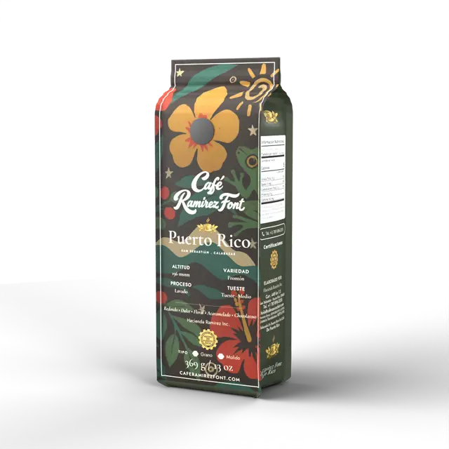 Caf&eacute; Ram&iacute;rez Font Front&oacute;n coffee pouch designed by Cafentity Studio, rotating 360 view